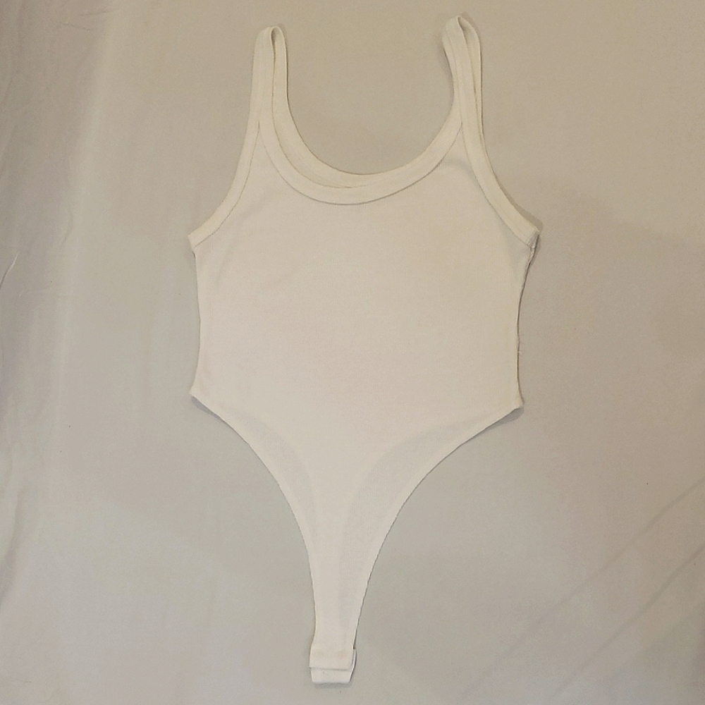 White Ribbed Tank Thong Bodysuit